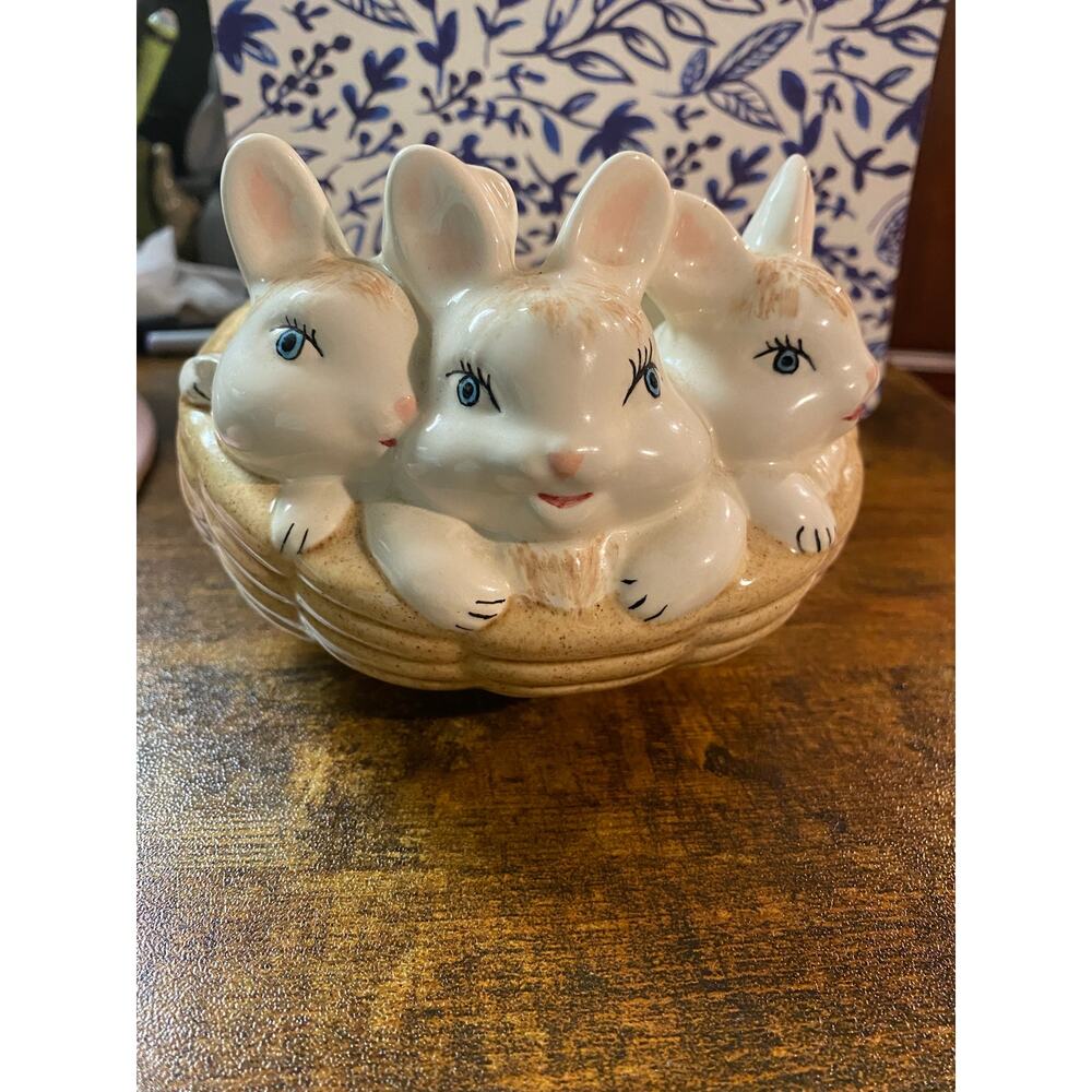 Vintage Ceramic Trio of Bunnies Dish, Easter Decor, Collectible, Trinkets